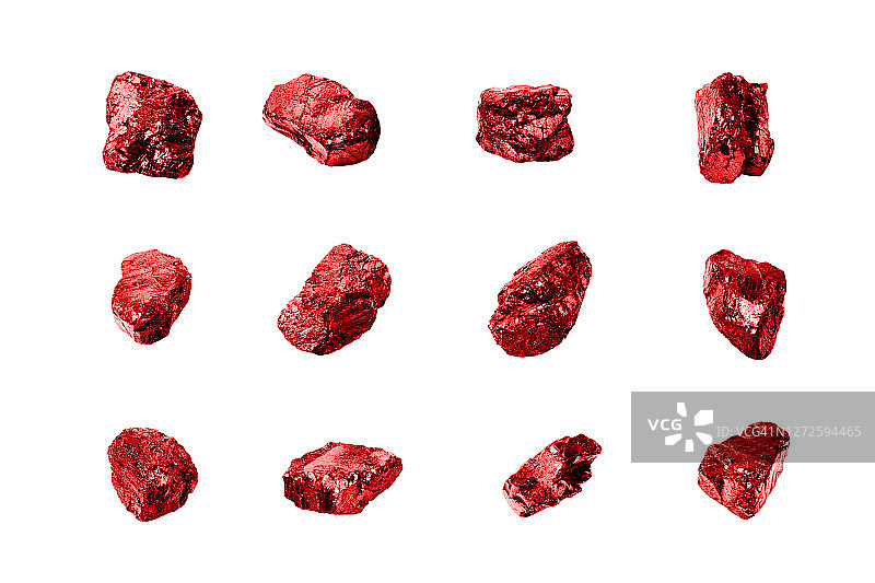 红色宝石，白色背景特写隔离，红宝石宝石套装，原始闪亮石榴石系列，粗糙的天然岩石块纹理，珍贵晶体，矿物样品，珠宝生产图片素材