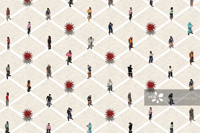 很多人保持社交距离概念的鸟瞰图图片素材