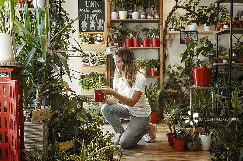 年轻女人在花店看花草图片素材