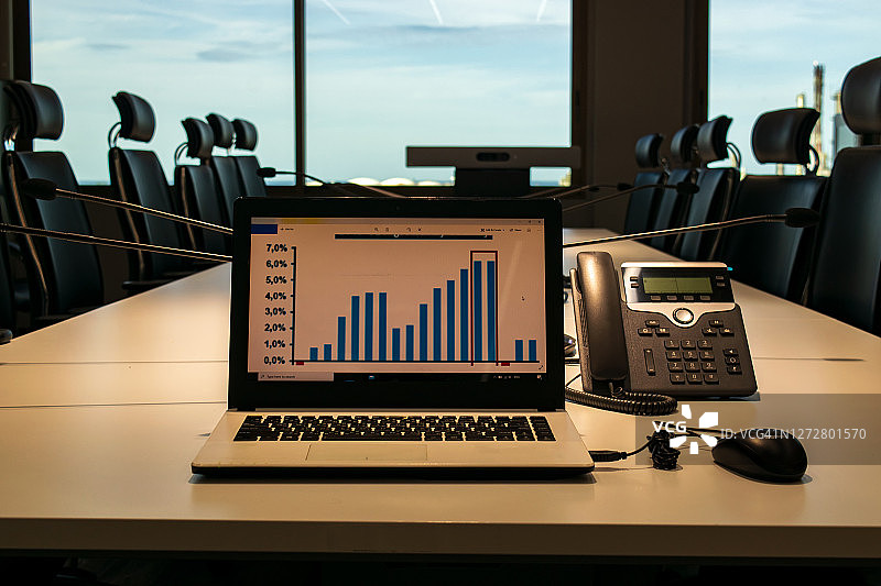 配备视频会议的现代化大型会议室，办公桌椅一览图片素材