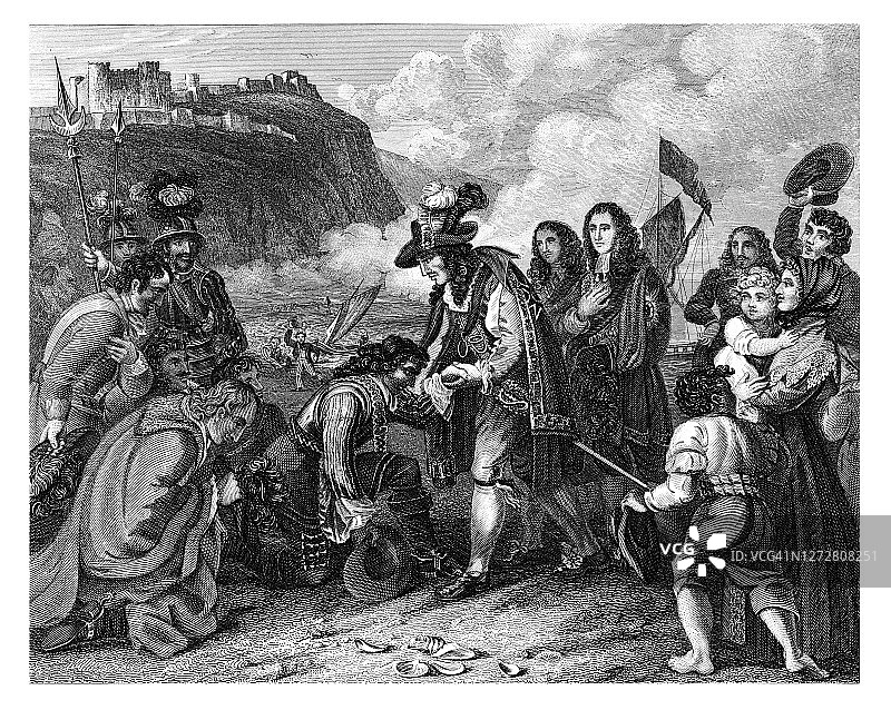 查理二世在多佛登陆老式雕刻插图图片素材