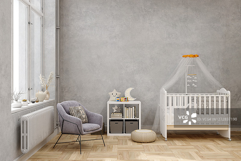 婴儿房内的婴儿床、扶手椅和装饰品图片素材