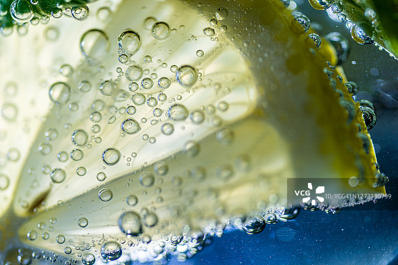 莫吉托中的柠檬片和薄荷特写图片素材