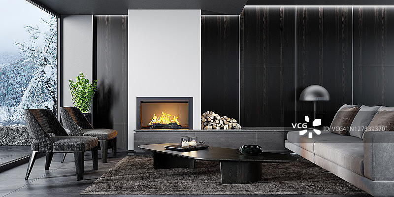 现代简约公寓客厅内景与壁炉图片素材