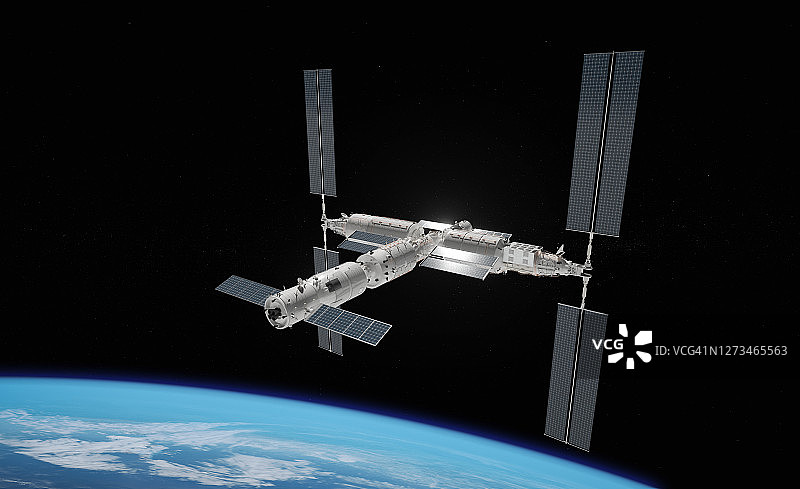 中国空间站在地球轨道上图片素材
