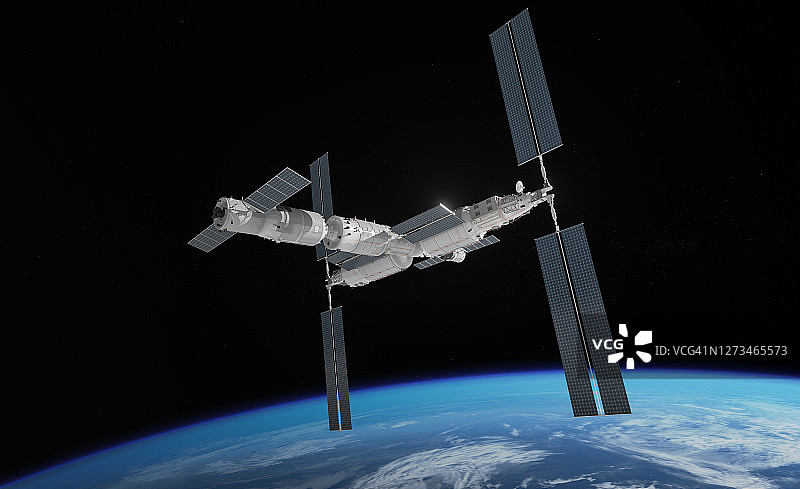 中国空间站在地球轨道上图片素材