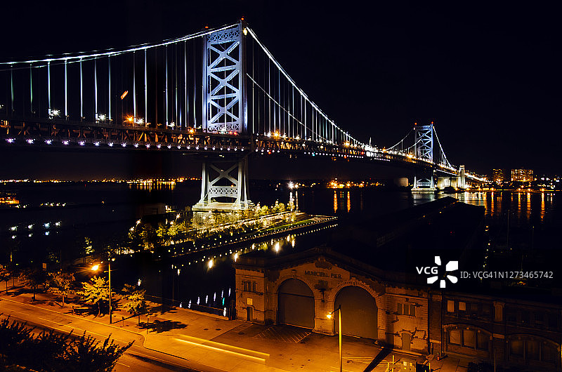 夜间本·富兰克林大桥和特拉华河 - 美国宾夕法尼亚州费城图片素材