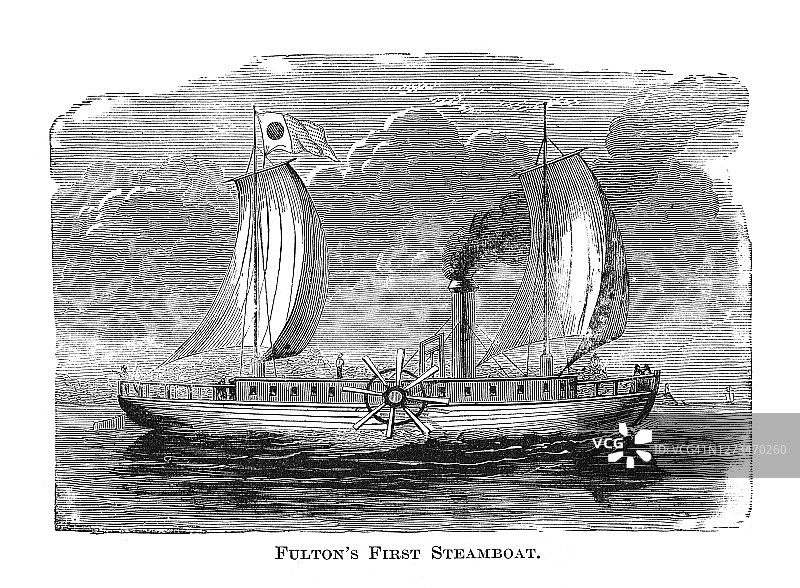罗伯特·富尔顿的第一艘蒸汽船的老式雕刻插图图片素材