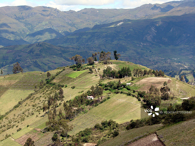 厄瓜多尔丘格奇兰的高山、耕地和房屋图片素材