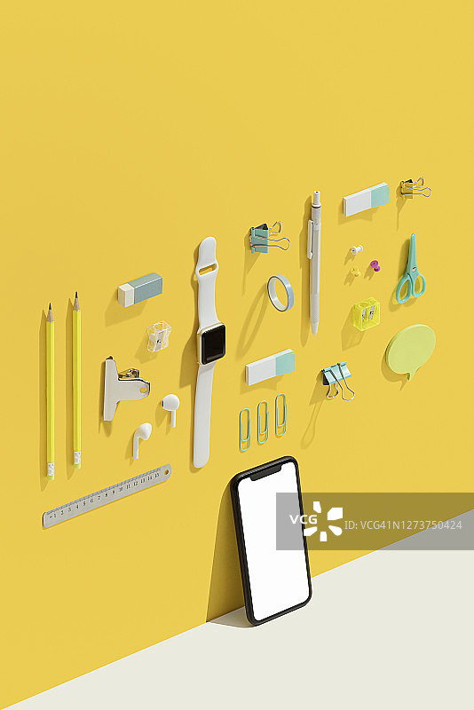 智能手机样机，带有文具的模板图片素材