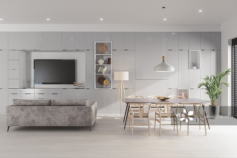 带电视、沙发和餐桌的现代客厅图片素材