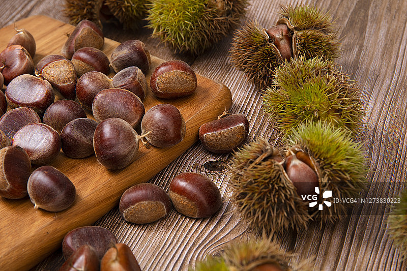 秋季收获的成熟栗子图片素材