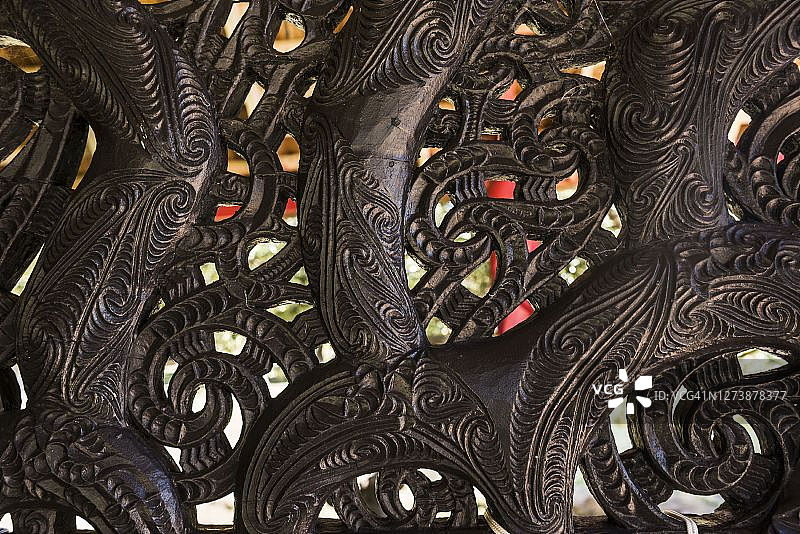 毛利战船木雕细节，怀唐伊条约签署地，岛屿湾，新西兰北岛图片素材