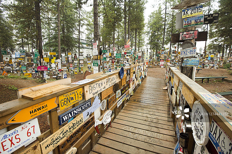 加拿不列颠哥伦比亚省路标森林的木板路图片素材