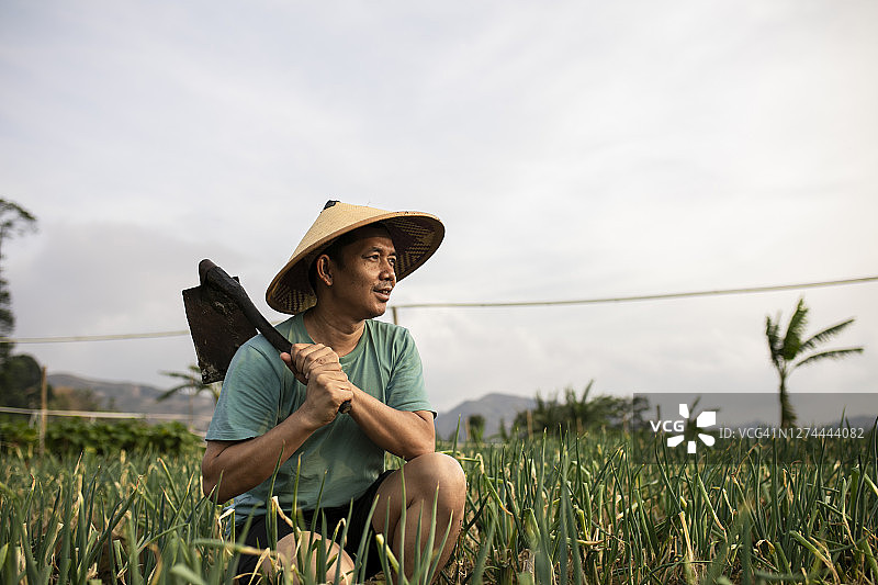 韭菜地里的亚洲男人图片素材