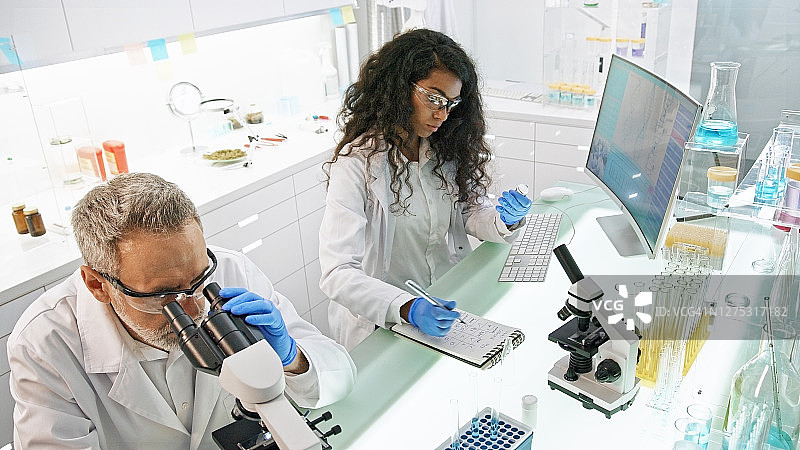 工作中的多民族实验室团队，资深医生正在使用显微镜图片素材