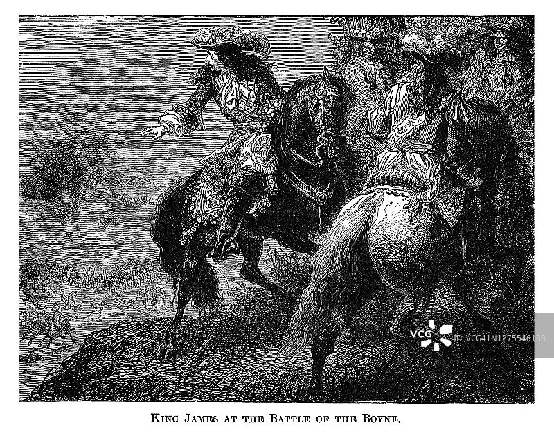 詹姆斯国王在博因河战役中的古老雕刻插图，爱尔兰图片素材