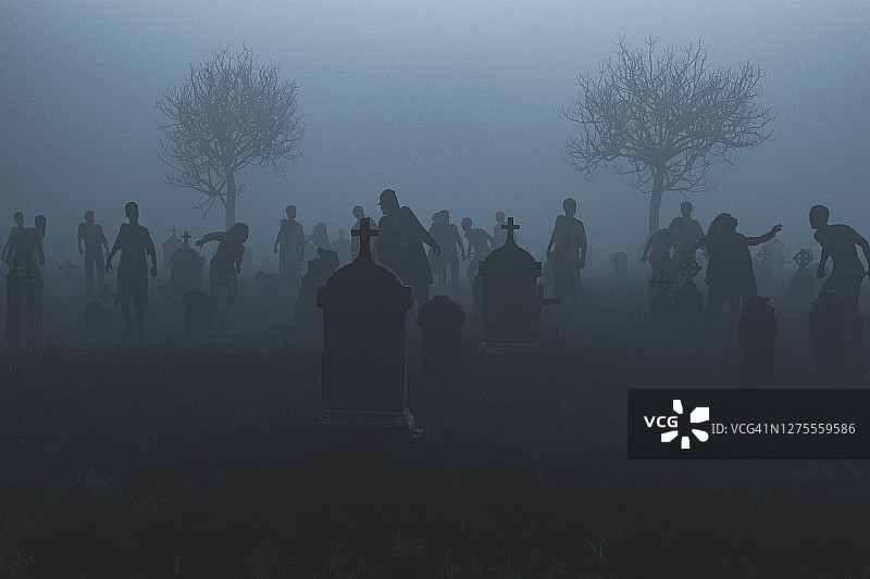 夜晚有行尸走肉的幽暗墓地图片素材