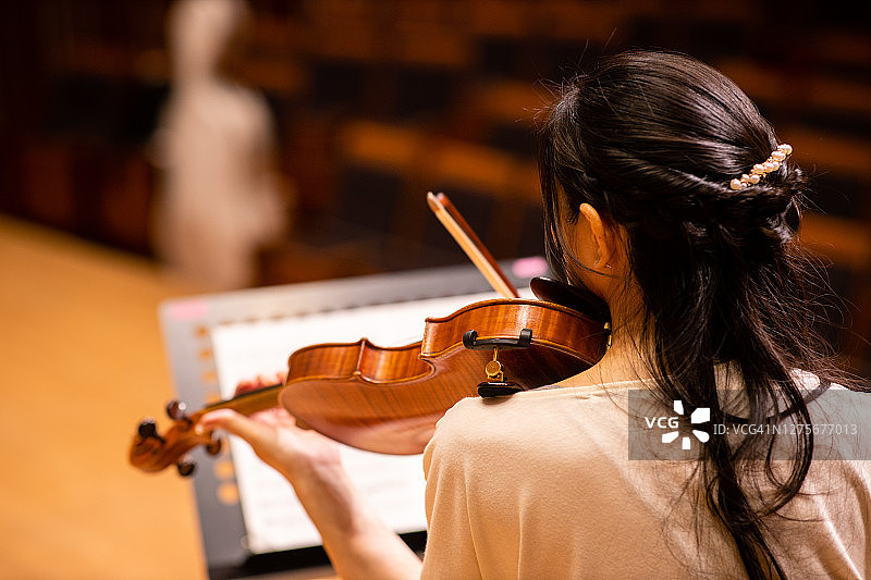 背对镜头，小提琴家在古典音乐会上演奏小提琴图片素材