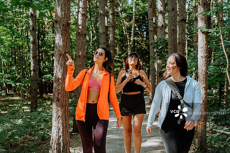 朋友们在有瀑布的山上徒步图片素材