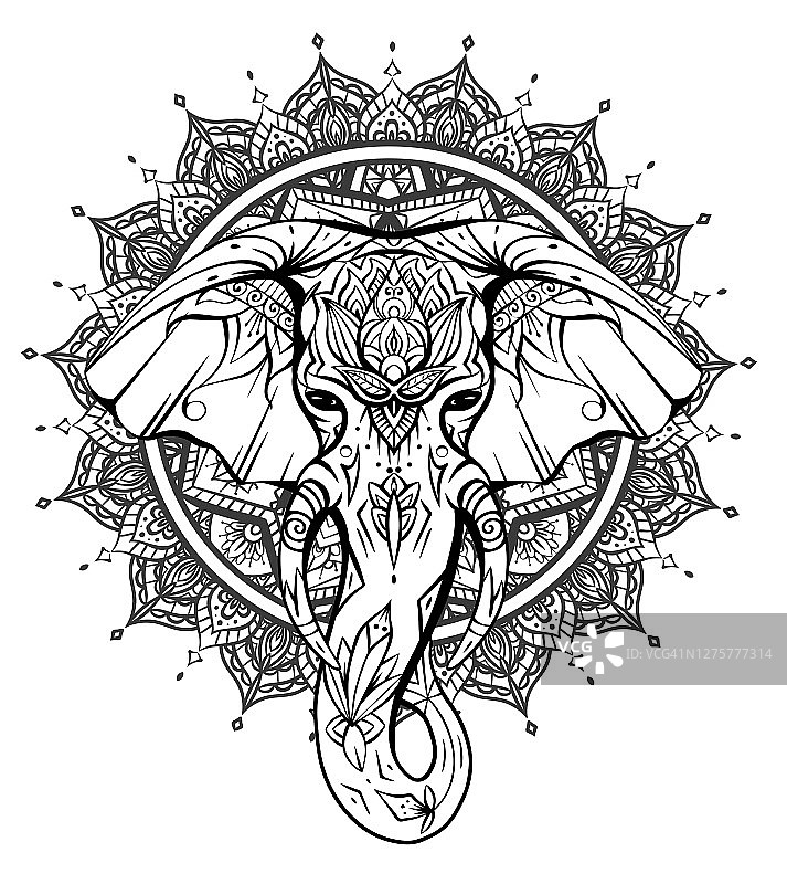 带树干、象牙和曼陀罗装饰的本土象头轮廓图片素材