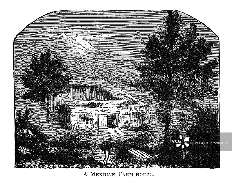 墨西哥农舍的古老雕刻插图图片素材