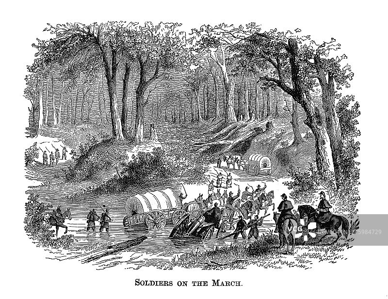 行军士兵的古老雕刻插图图片素材