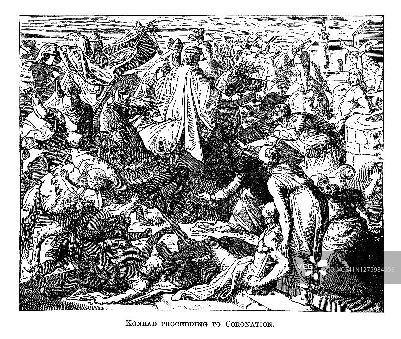 康拉德三世皇帝加冕典礼的古老雕刻插图图片素材