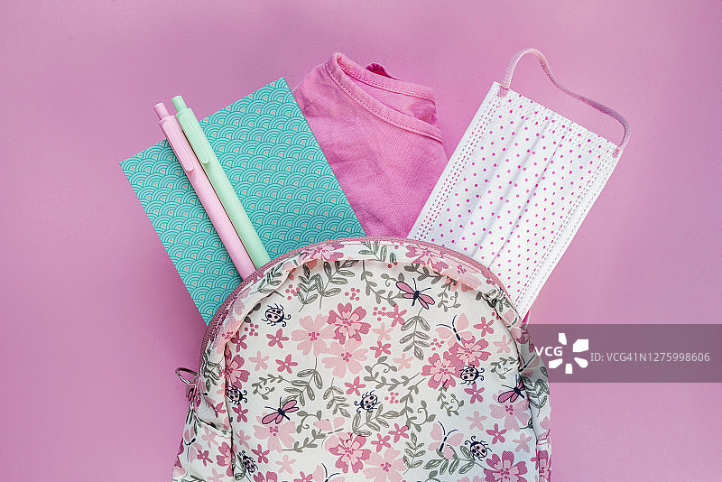 女孩的书包里装着笔记本、笔、衣服和口罩图片素材