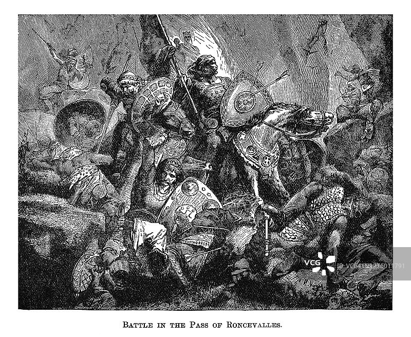 古典插画：778年龙塞斯瓦列斯隘口战役，罗兰被巴斯克人击败图片素材