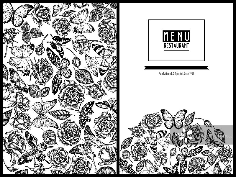 菜单封面花卉设计，包含黑白美内劳斯蓝凤蝶、柠檬蝶、红翅弄蝶、非洲巨型燕尾蝶、阿喀琉斯燕尾蝶、华莱士金凤蝶、紫色斑点燕尾蝶、森林贝母、大橙尖图片素材