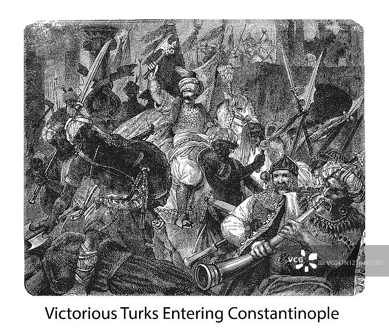 土耳其人进入君士坦丁堡古老雕刻插图：君士坦丁堡陷落图片素材