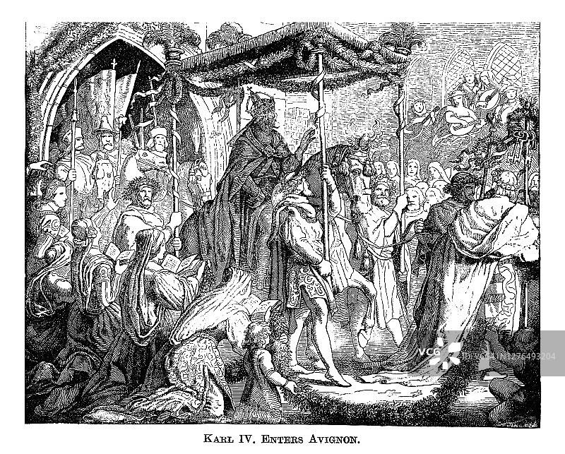 神圣罗马帝国皇帝查理四世进入阿维尼翁的古老版画图片素材