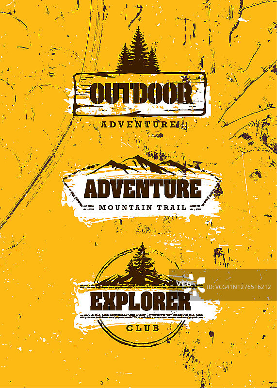 山地小径户外探险标志概念，松树背景下的荒野求生装备插画图片素材