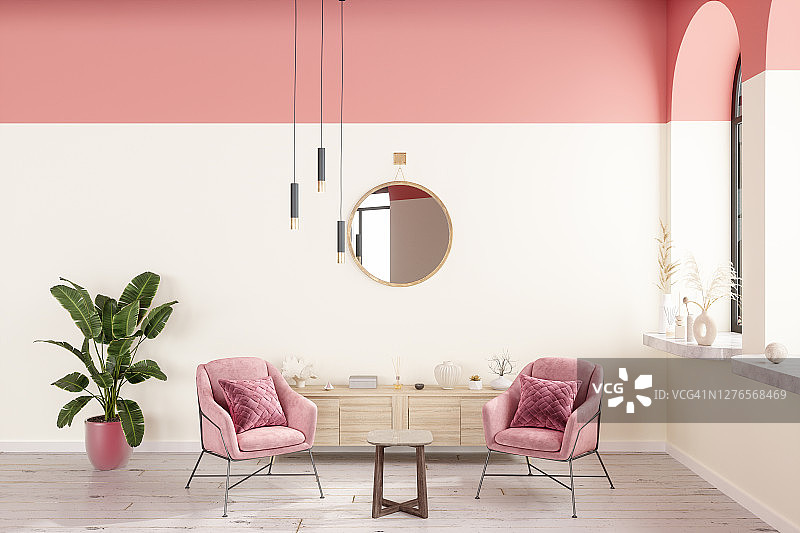 客厅里的粉红色扶手椅，配有咖啡桌、吊灯、植物和镶木地板图片素材