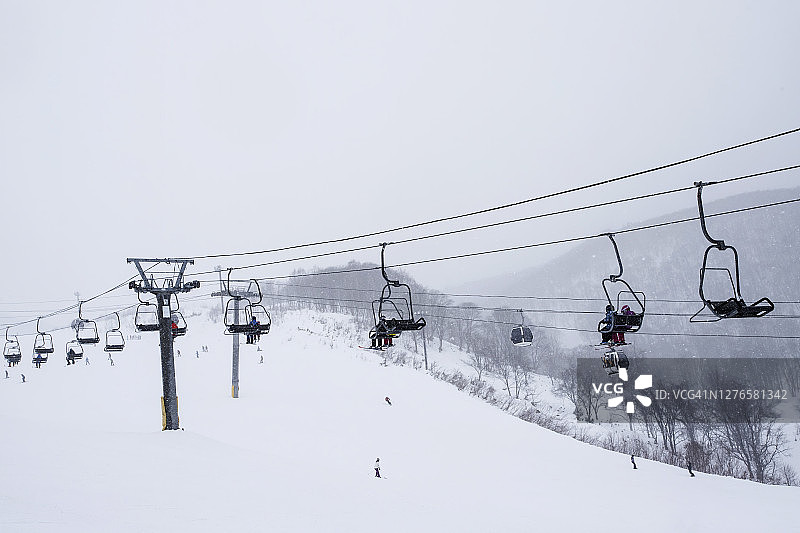 日本北海道二世谷滑雪场雪地上空的滑雪缆车图片素材