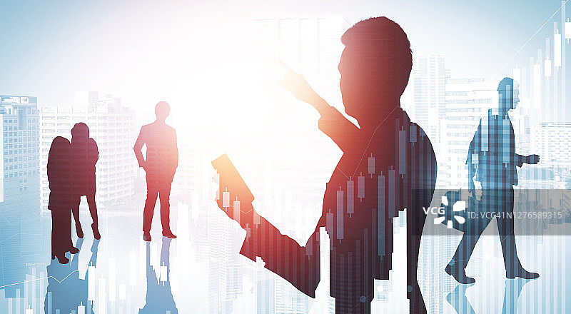 城市背景下聚集在一起的众多商务人士抽象图像图片素材