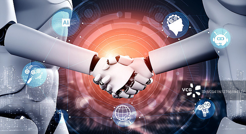 3D渲染：人形机器人握手，协作未来科技图片素材