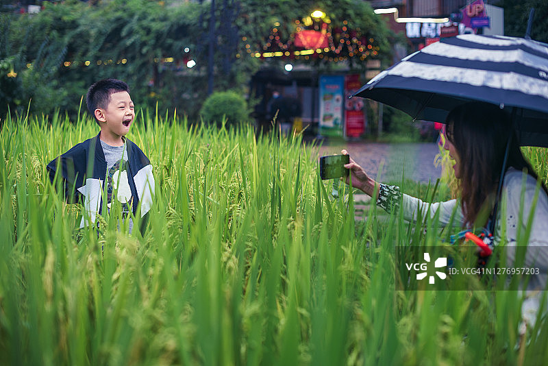 中国男孩在稻田里拍照图片素材