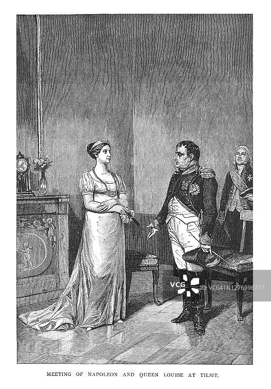 拿破仑和路易丝王后在蒂尔西特的会面老旧雕刻插图图片素材