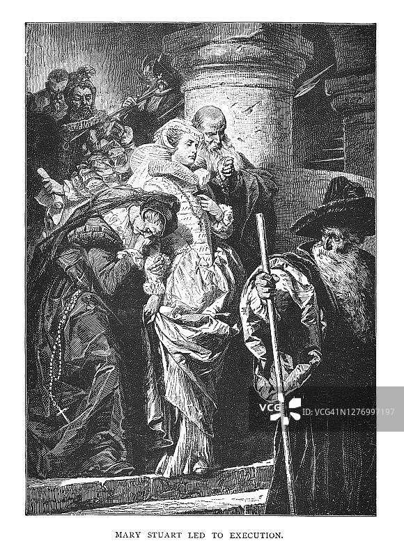 玛丽·斯图亚特被处决的古老雕刻插图图片素材