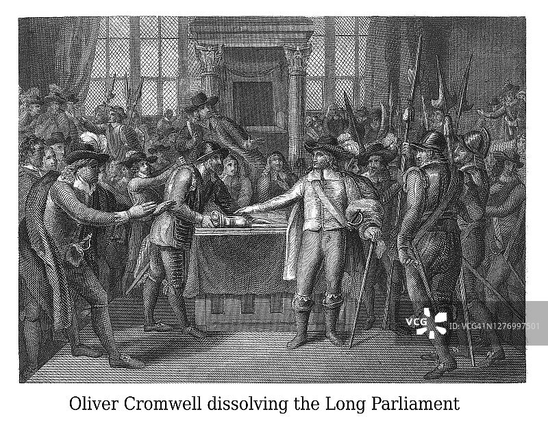 古版画：奥利弗·克伦威尔解散英国长期议会图片素材