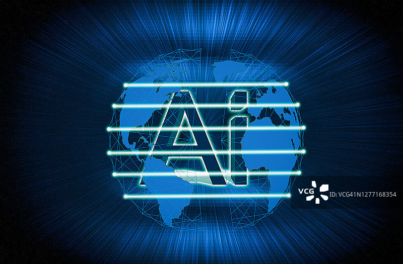 人工智能技术覆盖全球，深蓝色抽象空间背景图片素材