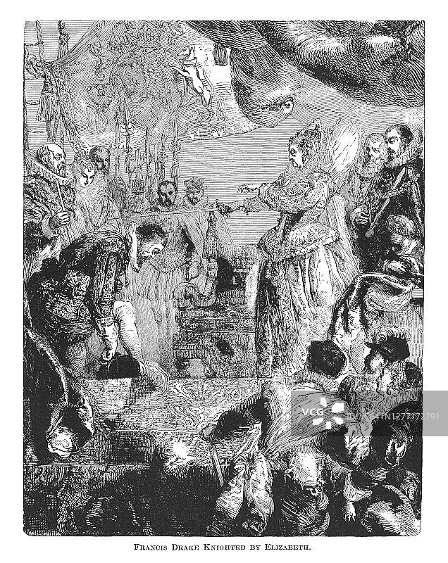 伊丽莎白一世女王在Deptford金鹿号船上封德雷克为爵士的古老雕刻插图图片素材