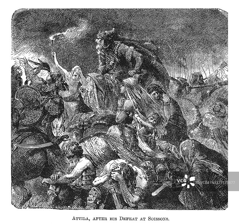 阿提拉在苏瓦松战役失败后的古老雕刻插图图片素材