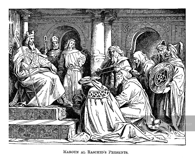 查理曼大帝接受哈伦·拉希德赠礼的古老雕刻插图图片素材