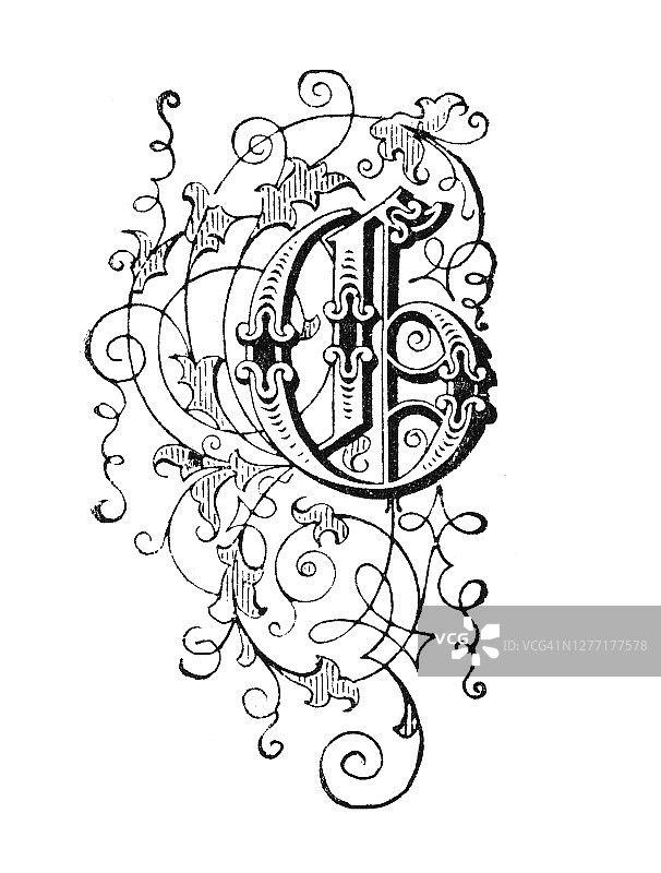 字母G的古老雕刻插图，装饰性装饰图片素材