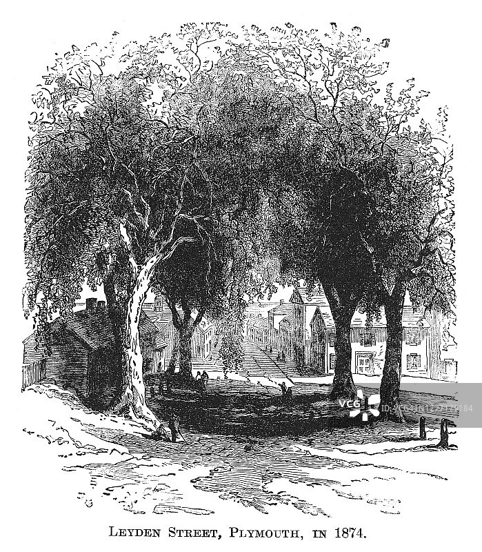 1874年美国马萨诸塞州普利茅斯莱顿街雕刻插画图片素材