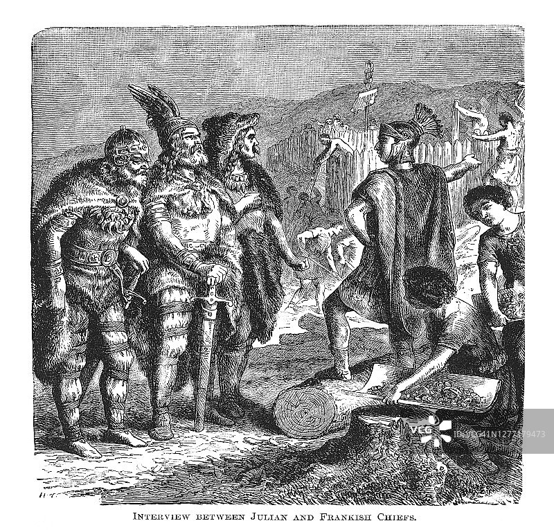古老的雕刻插图：罗马皇帝尤利安与法兰克酋长对话图片素材