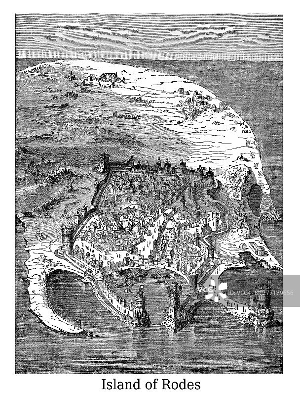 罗德岛古版画插图图片素材